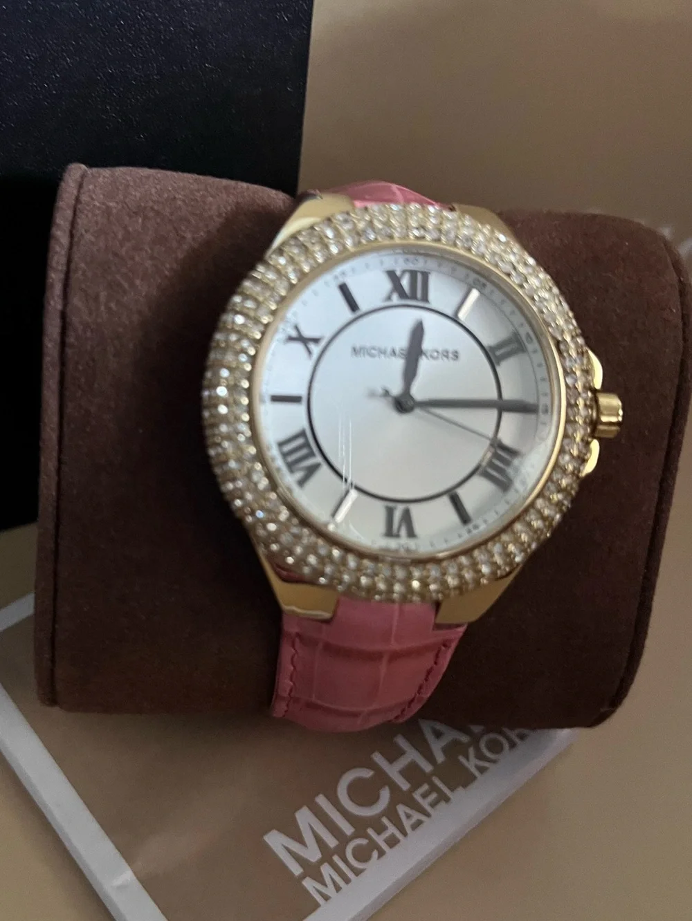 Michael Kors MK2329 Camille Crystal Bezel Pink Leather Watch NIB